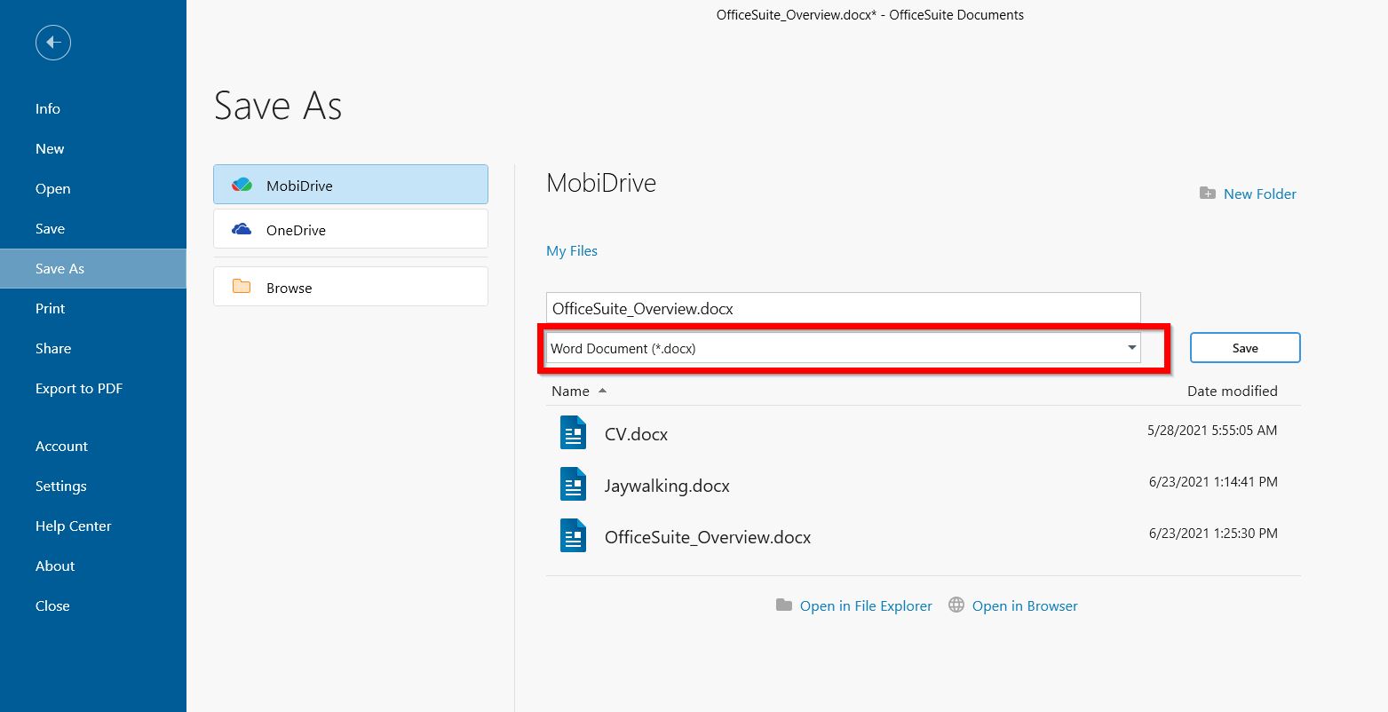 Save or close files in Documents OfficeSuite